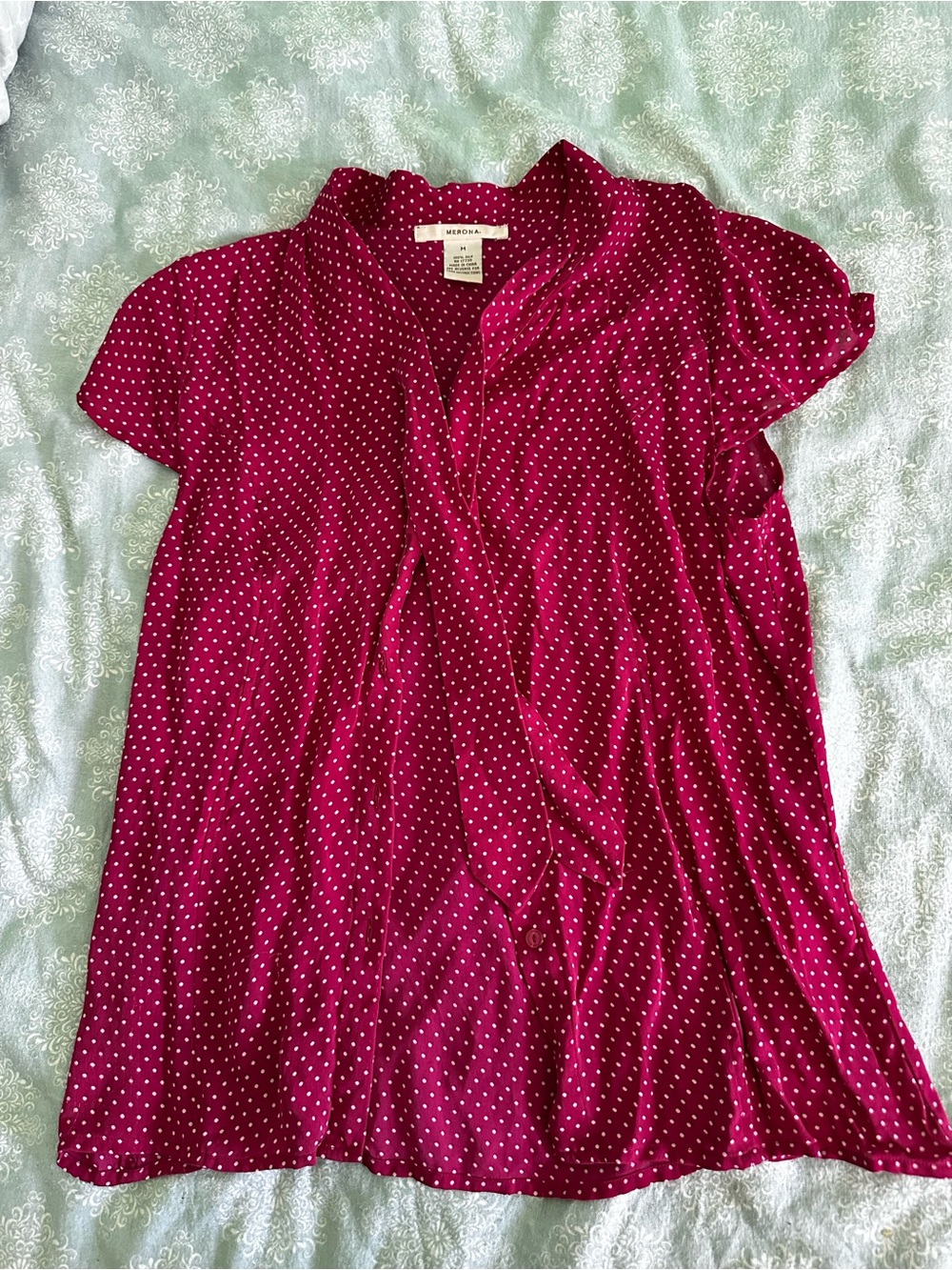Y2K Silk Merona Magenta Polka Dot Short Sleeve Tie Neck Blouse